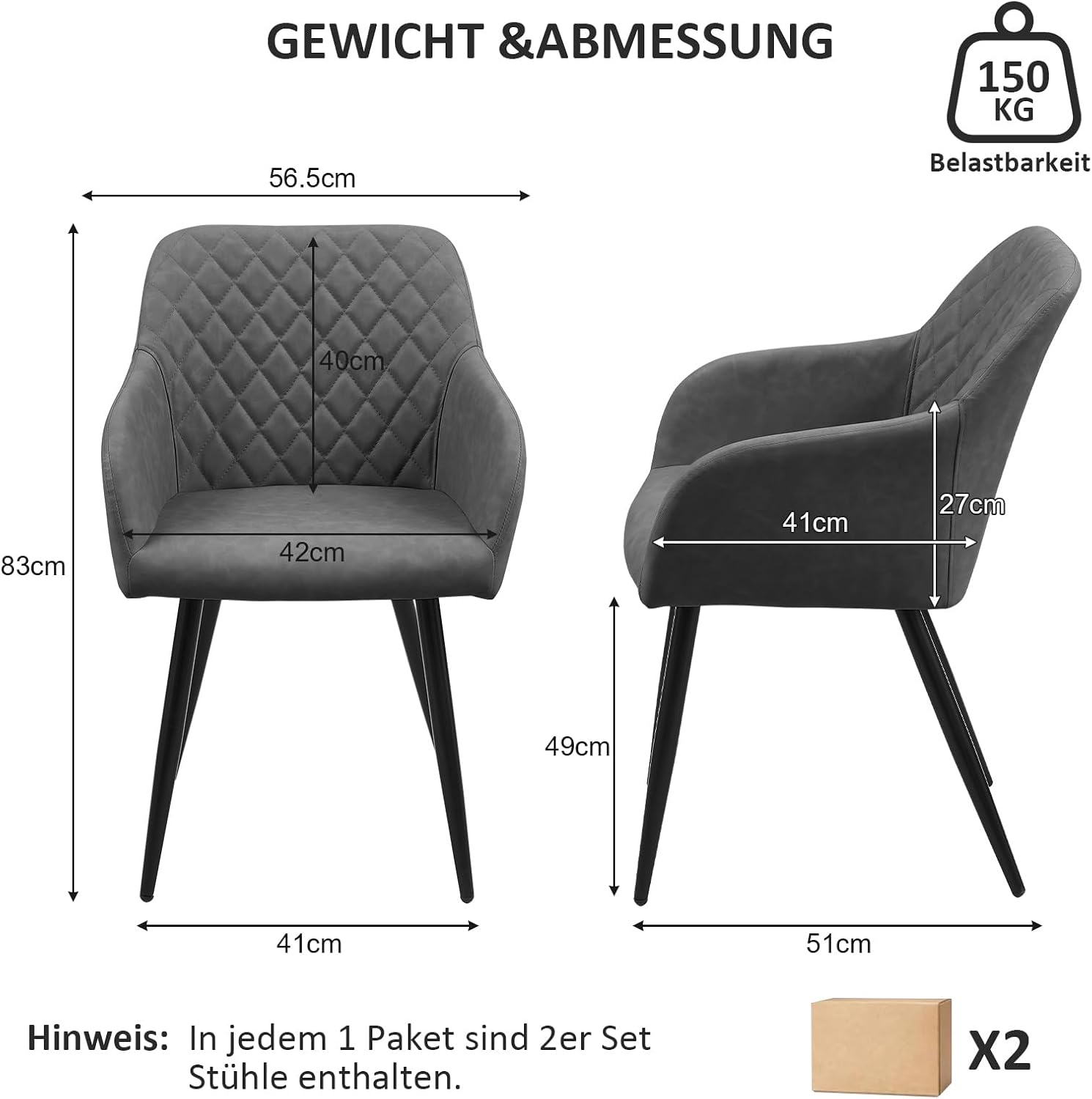 CLIPOP Esszimmerstühle 4er Set, Küchenstühle Grau Kunstlederstoff stühle Polsterstühle mit Armlehne Metallbeine Polstersessel Stühle für Esszimmer Küche (4, Kunstleder Grau)