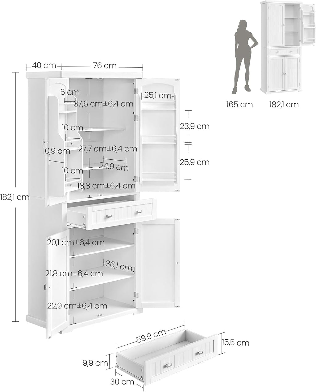 VASAGLE Küchenschrank, Mehrzweckschrank freistehend, 76 x 40 x 182 cm