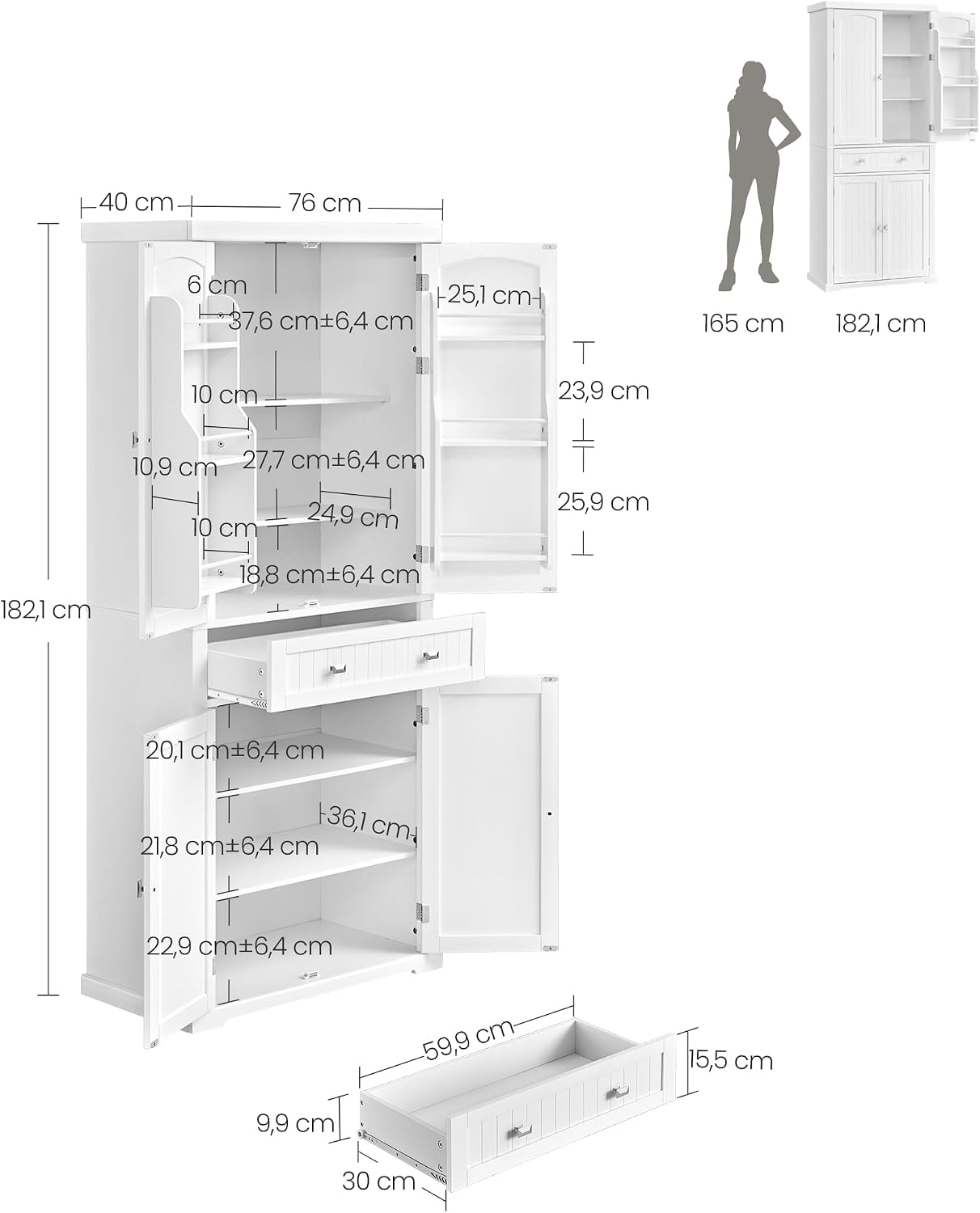 VASAGLE Küchenschrank, Mehrzweckschrank freistehend, 76 x 40 x 182 cm