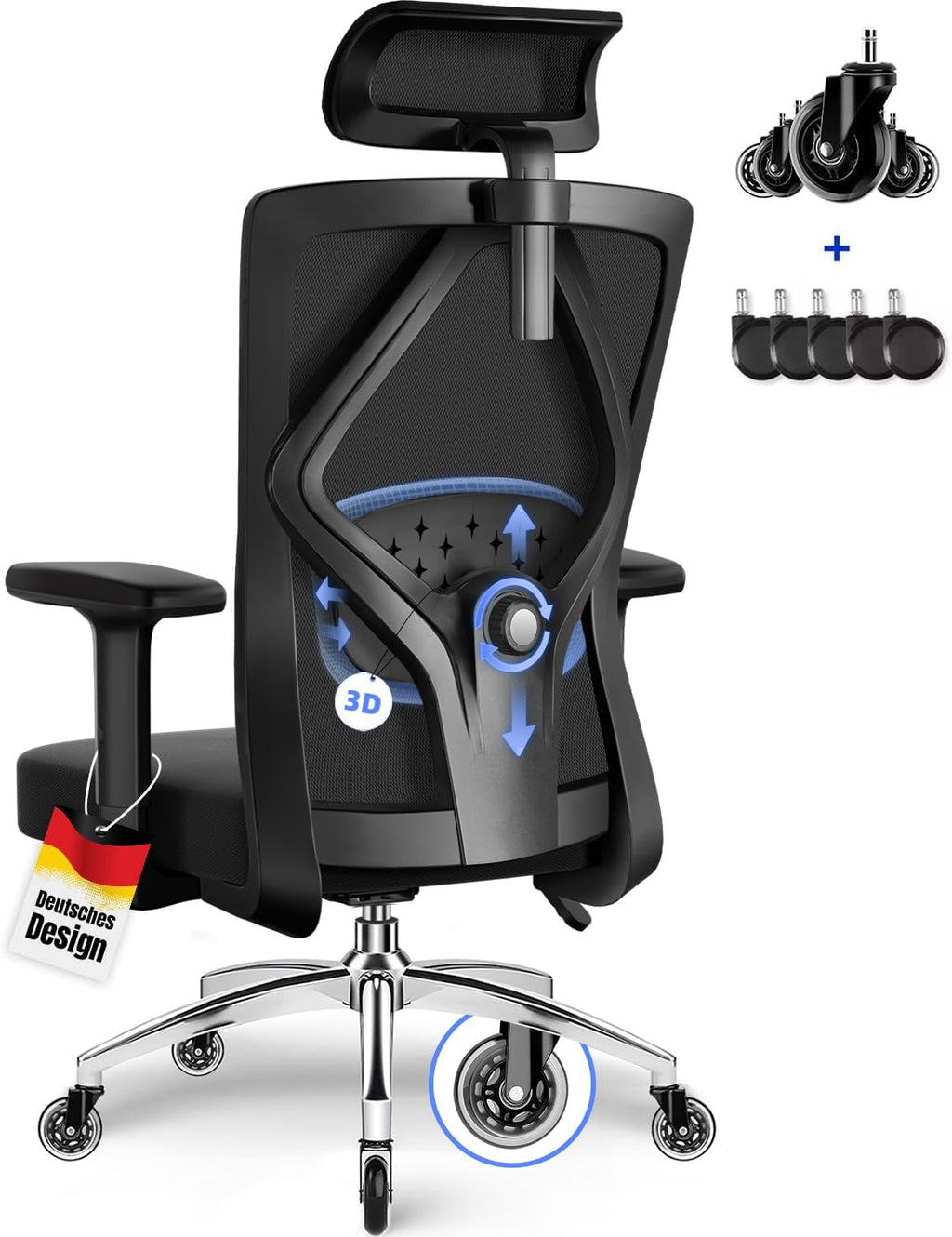 Daccormax Bürostuhl, Bürostuhl Ergonomisch Schreibtischstuhl mit Verstellbaren Armlehnen, Kopfstütze und weiche Lendenstütze aus Naturschwamm, Chefsessel Drehstuhl Wippfunktion 200kg, Schwarz
