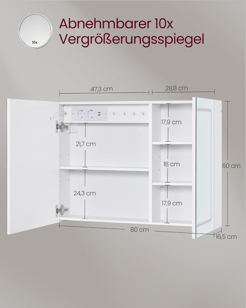 VASAGLE Spiegelschrank mit Beleuchtung, Wandschrank, 16,5 x 80 x 60 cm
