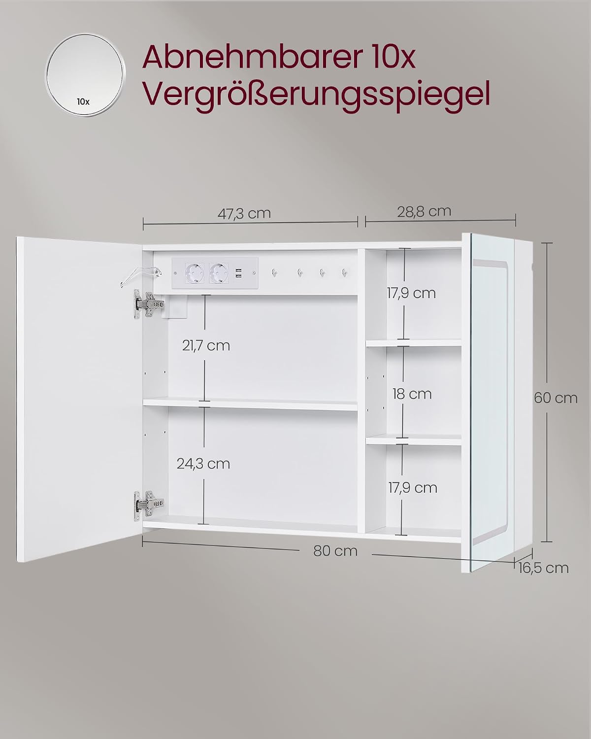 VASAGLE Spiegelschrank mit Beleuchtung, Wandschrank, 16,5 x 80 x 60 cm