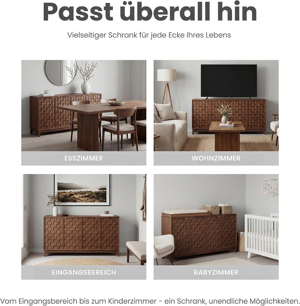 COLAMY Sideboard 150 cm Holz mit Stauraum – Modernes Sideboard für Wohnzimmer, Küchenschrank mit verstellbaren Einlegeböden, Buffet Schrank mit 3D Holzfront, Walnut