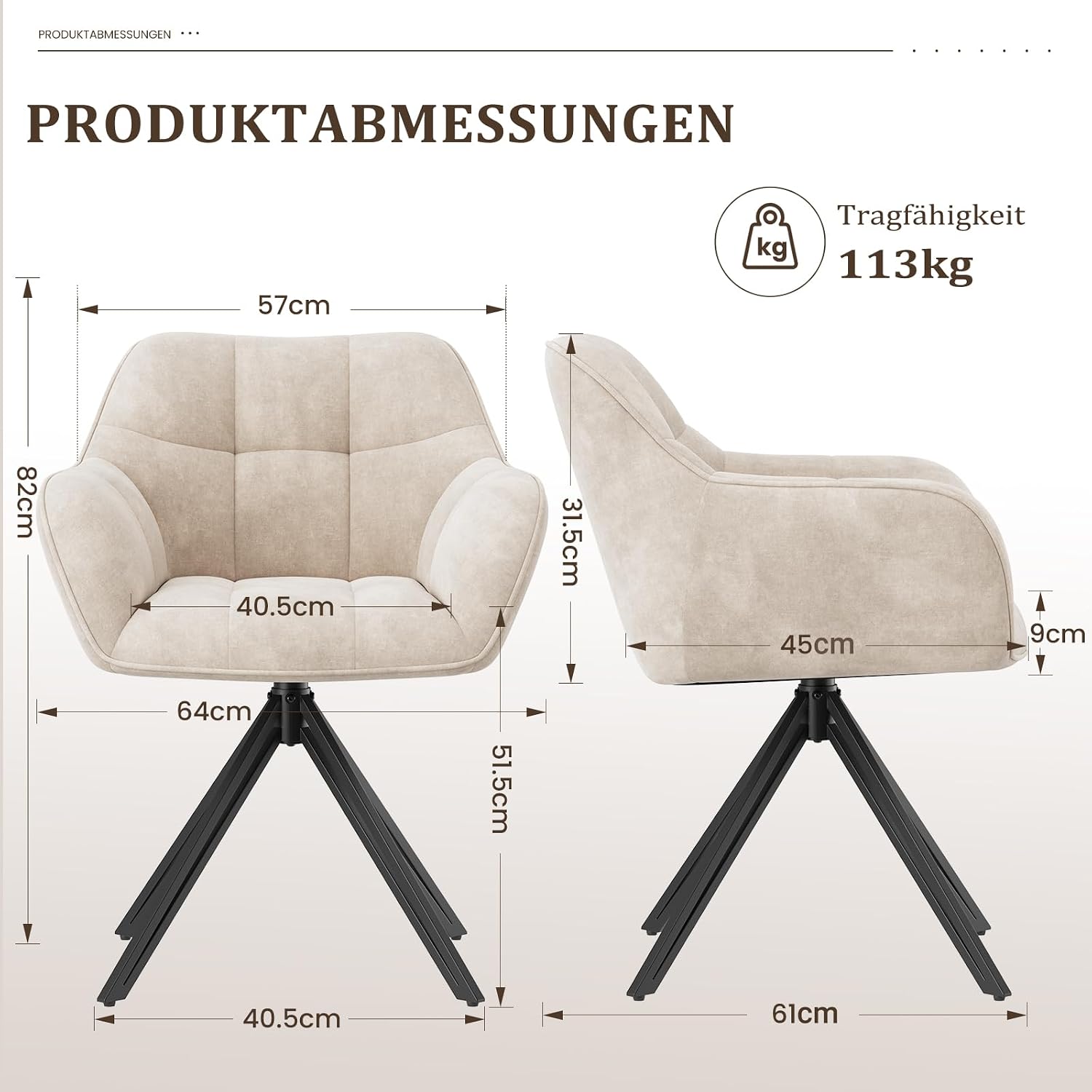 COLAMY Drehstühle für Esszimmer, 2er Set, Drehbare Polsterstühle mit Armlehnen und Rückenlehne, Bequeme Küchenstühle für Wohnzimmer & Essbereich, Beige