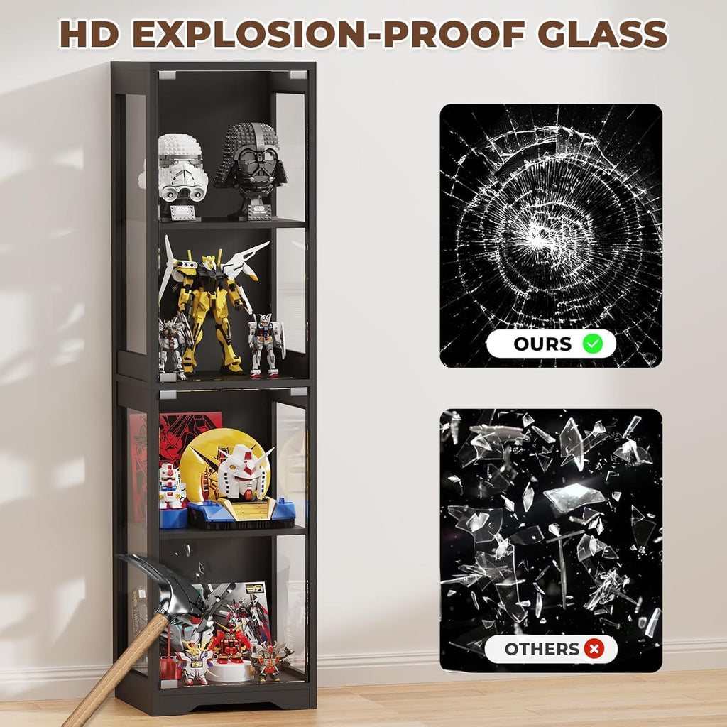 BROTTAR Glasvitrine mit Dreifarbig LED Beleuchtung und Glastüren, Glasvitrine Stehend mit Körpersensor-System, Sammlervitrine für Wohnzimmer, Büro, Bücher, Spielzimmer, Schwarz (40 x 35 x 160cm)
