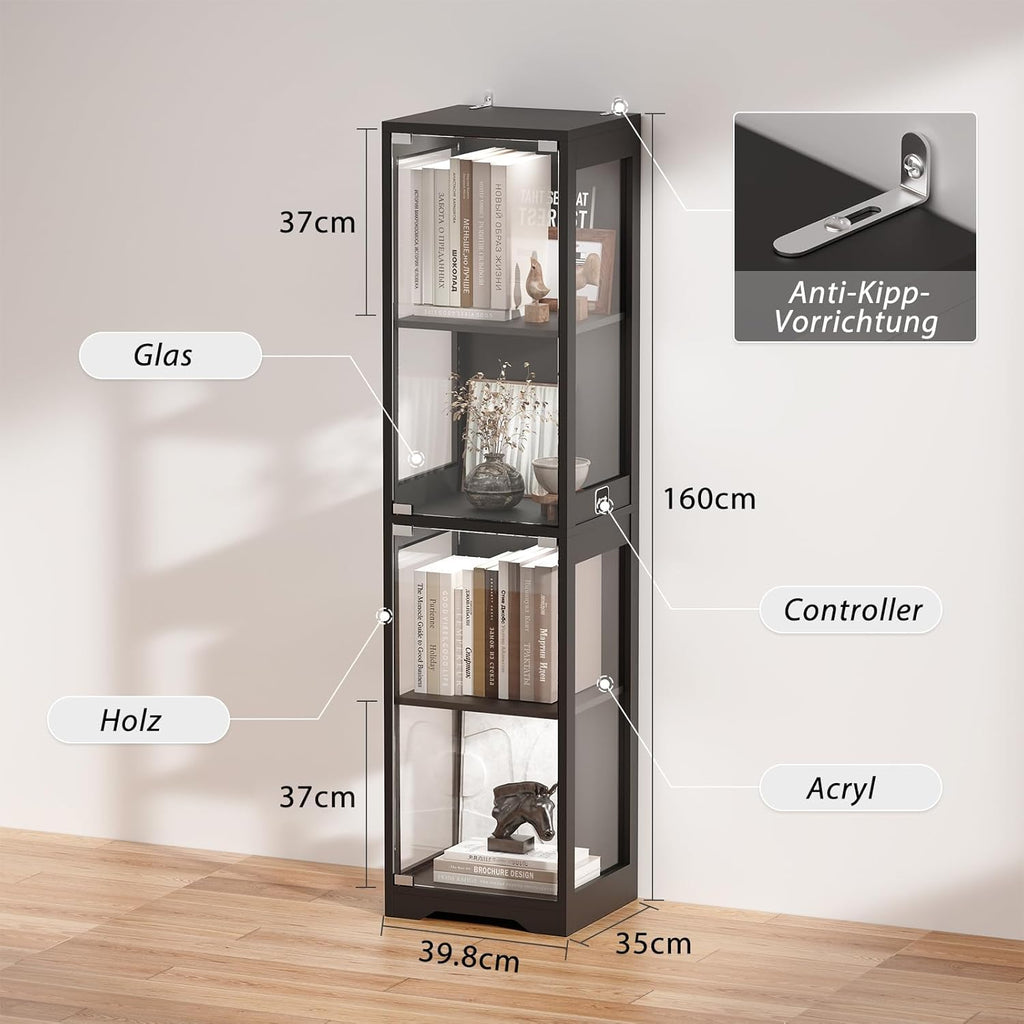 BROTTAR Glasvitrine mit Dreifarbig LED Beleuchtung und Glastüren, Glasvitrine Stehend mit Körpersensor-System, Sammlervitrine für Wohnzimmer, Büro, Bücher, Spielzimmer, Schwarz (40 x 35 x 160cm)