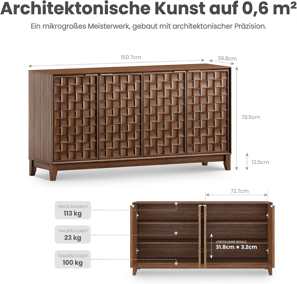 COLAMY Sideboard 150 cm Holz mit Stauraum – Modernes Sideboard für Wohnzimmer, Küchenschrank mit verstellbaren Einlegeböden, Buffet Schrank mit 3D Holzfront, Walnut