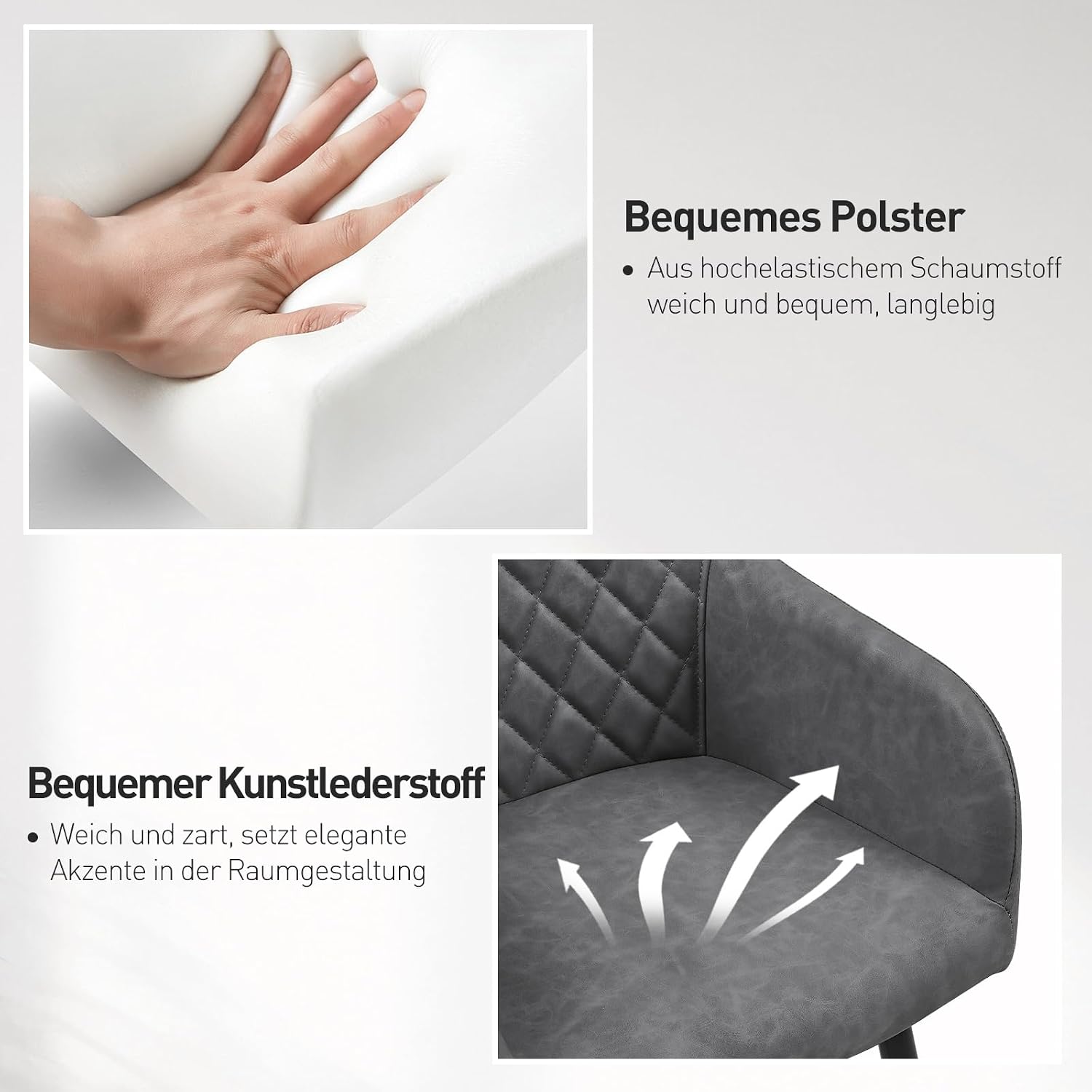 CLIPOP Esszimmerstühle 4er Set, Küchenstühle Grau Kunstlederstoff stühle Polsterstühle mit Armlehne Metallbeine Polstersessel Stühle für Esszimmer Küche (4, Kunstleder Grau)