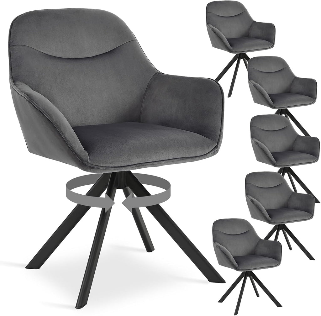6er Set Esszimmerstühle Drehbar mit Armlehne, 360° Drehstuhl Polsterstuhl Samt Modern Küchenstuhl mit Metallbeine für Esszimmer, Wohnzimmer, Büro, Dunkelgrau