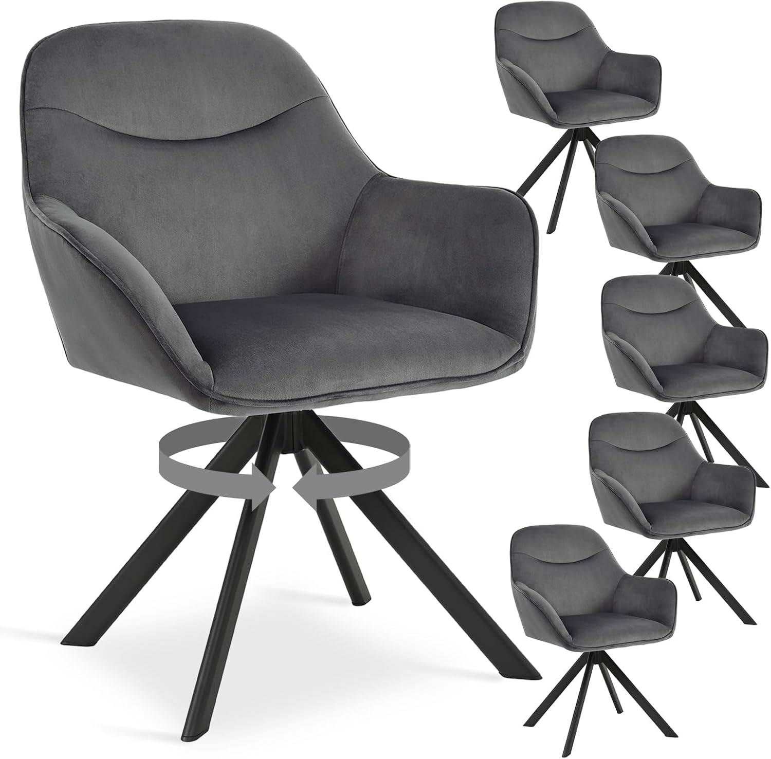 6er Set Esszimmerstühle Drehbar mit Armlehne, 360° Drehstuhl Polsterstuhl Samt Modern Küchenstuhl mit Metallbeine für Esszimmer, Wohnzimmer, Büro, Dunkelgrau
