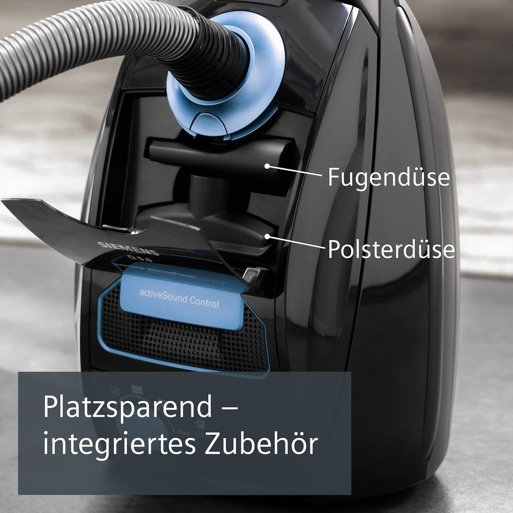 Siemens Staubsauger mit Beutel Q5.0 extreme silencePower VSQ5X1230, ideal für Allergiker, Hygiene-Filter, starke Saugleistung, Bodendüse für Parkett, Teppich, Fliesen, langes Kabel, 850 W, schwarz