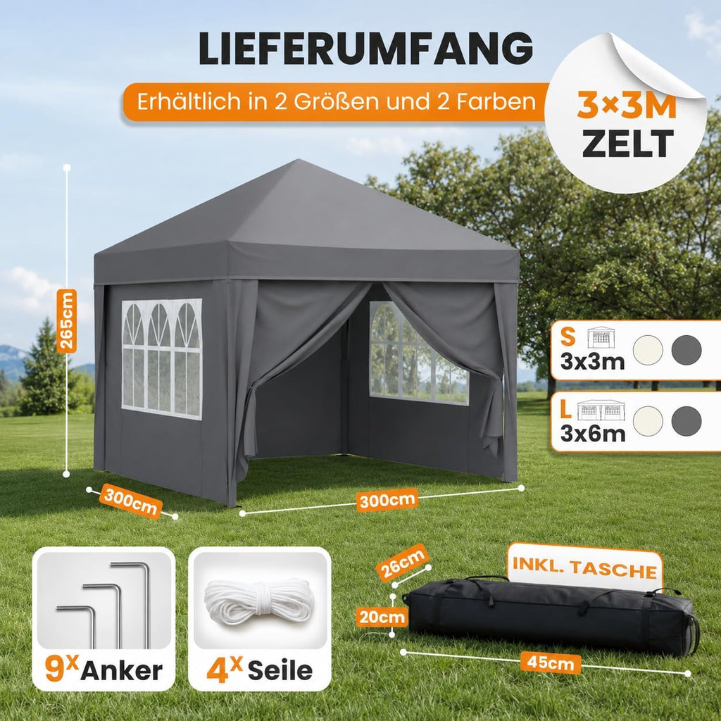 NATURIZ® Pavillon 3x3 Wasserdicht Stabil und UV 50+ Schutz - Faltpavillon mit Seitenwänden - Pop Up Zelt für Garten, Camping, Marktstand & Partyzelt, Gartenpavillon, Gartenzelt, Festzelt (Grau)