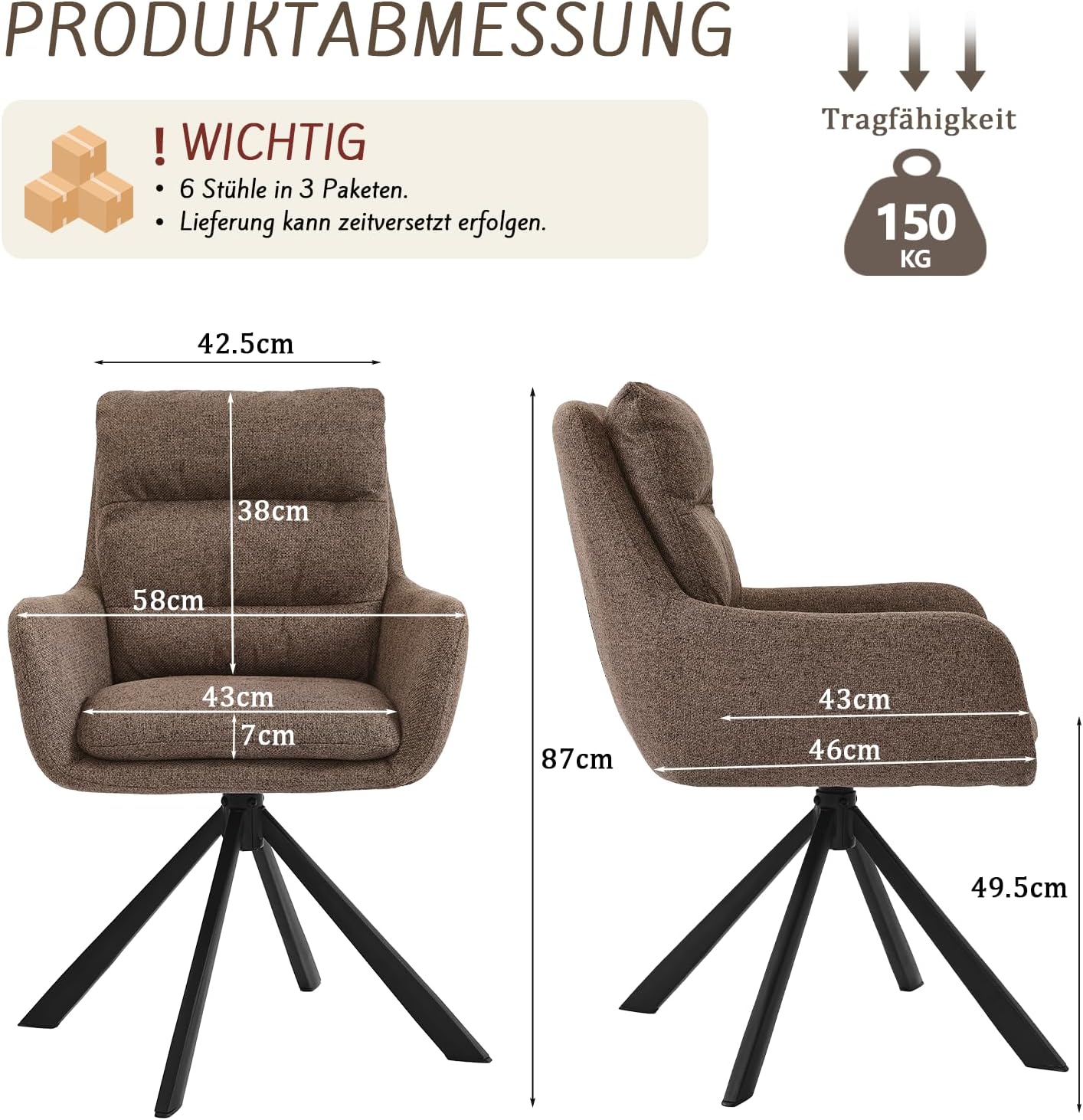 Esszimmerstuhl Drehbar 6er mit Armlehne – 360° Drehbarer Einzelstuhl mit Doppelter Rückenlehne und Abnehmbarem Sitzkissen,Mokkabraun