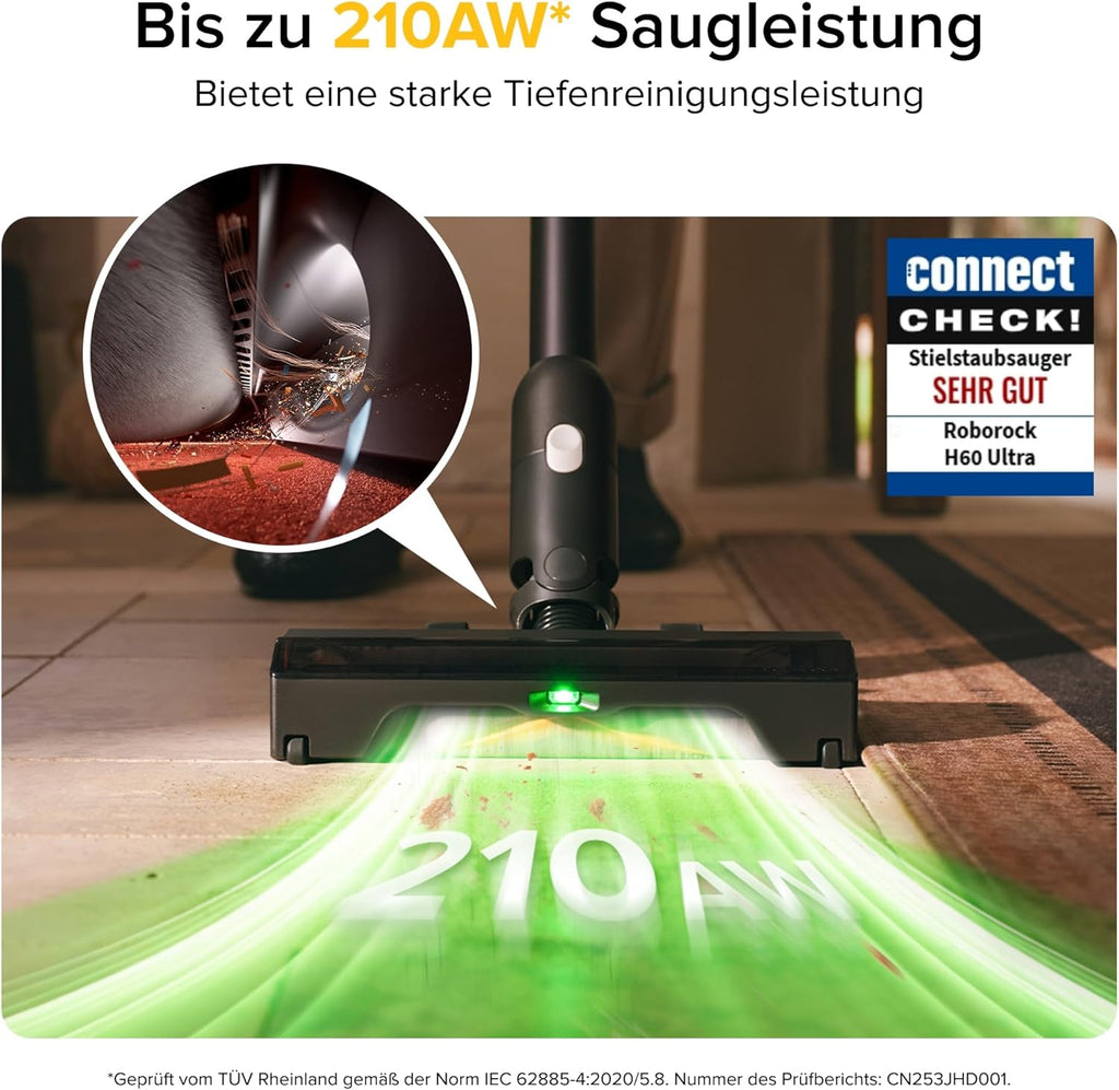 roborock H60 Ultra Akku Staubsauger, 210AW Saugleistung, bis 90Min Laufzeit