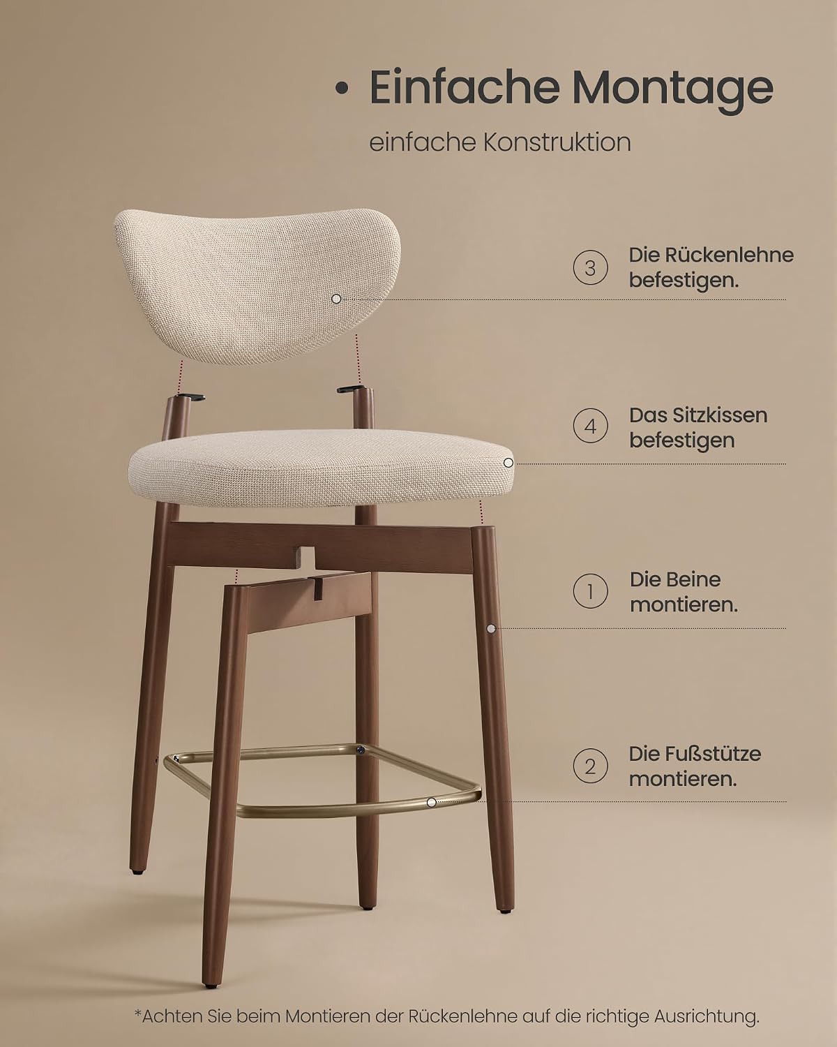 VASAGLE Barhocker 2er Set, mit Rückenlehne, Massivholzbeine, in Leinenoptik