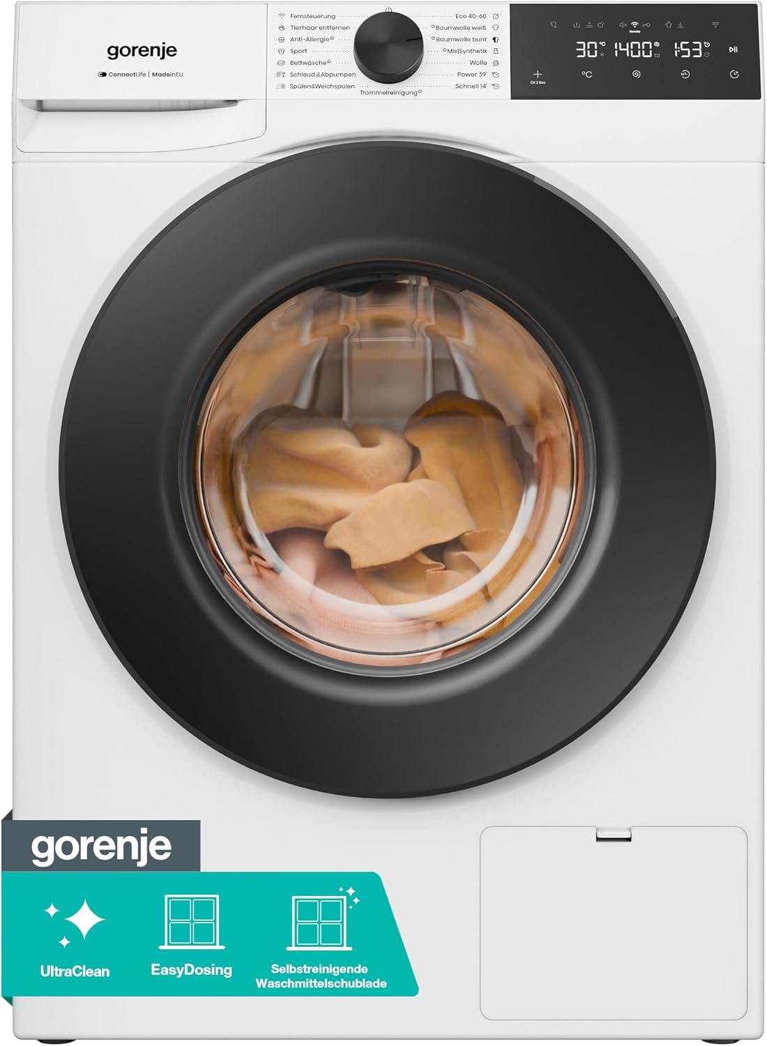 Gorenje WGAM474A Waschmaschine mit Dampffunktion /7 KG /1400 U-Min/ConnectLife /15 Programme/UltraClean/EasyDosing/SteamTech/Inverter PowerDrive /20% besser als Energieeffizienzklasse A/Weiß