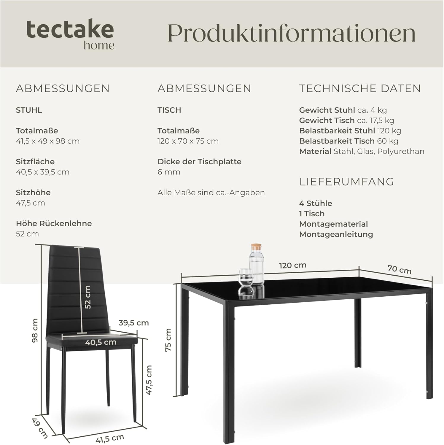 tectake Essgruppe Set Tisch und Stühle, Esstisch und 4X Stuhl, strapazierfähiges Kunstleder, Tischplatte aus Sicherheitsglas, Küchenstühle modern, Küche - schwarz