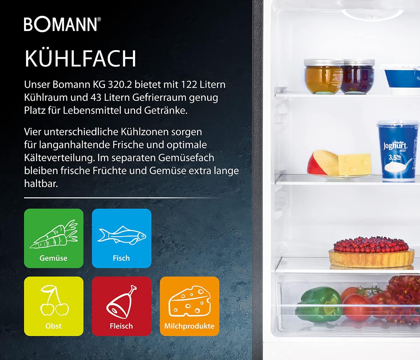 Bomann® Kühlschrank mit Gefrierfach | Energieklasse E | 143cm | Kühl Gefrierkombination leise 39 dB | 3 Ablagen & 3 Schubladen | Türanschlag wechselbar | 175L Kühlgefrierkombi | KG 320.2 inox