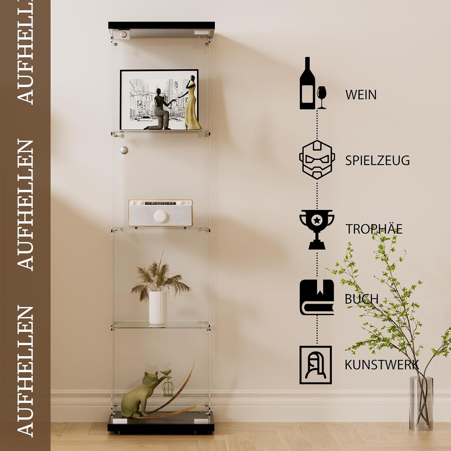 Glasvitrine Standvitrine in Schwarz, 164x42,5x36,5CM Glas Vitrine