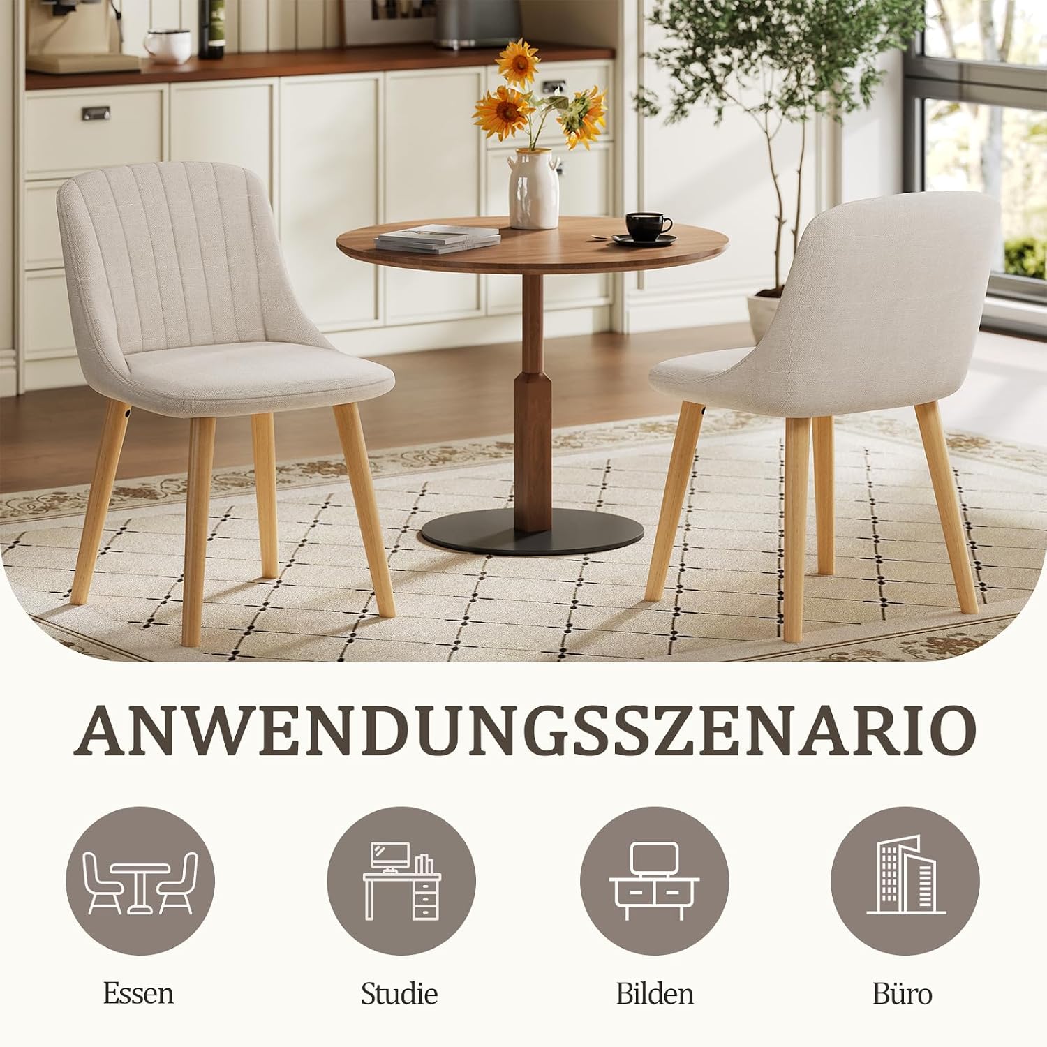 Esszimmerstühle Beige 4er Set Holzbeine Polsterstuhl Küchenstuhl aus Polyester Stühle Esszimmer Wohnzimmerstuhl für Esszimmer Küche Büro
