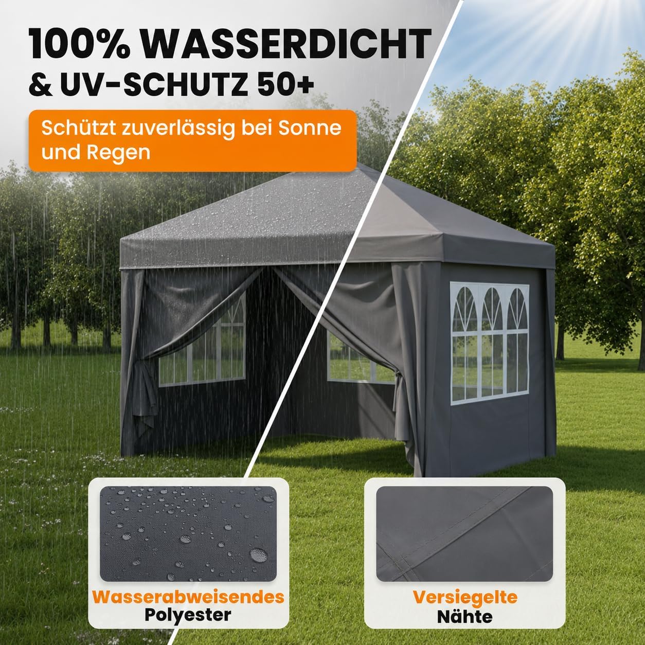 NATURIZ® Pavillon 3x3 Wasserdicht Stabil und UV 50+ Schutz - Faltpavillon mit Seitenwänden - Pop Up Zelt für Garten, Camping, Marktstand & Partyzelt, Gartenpavillon, Gartenzelt, Festzelt (Grau)
