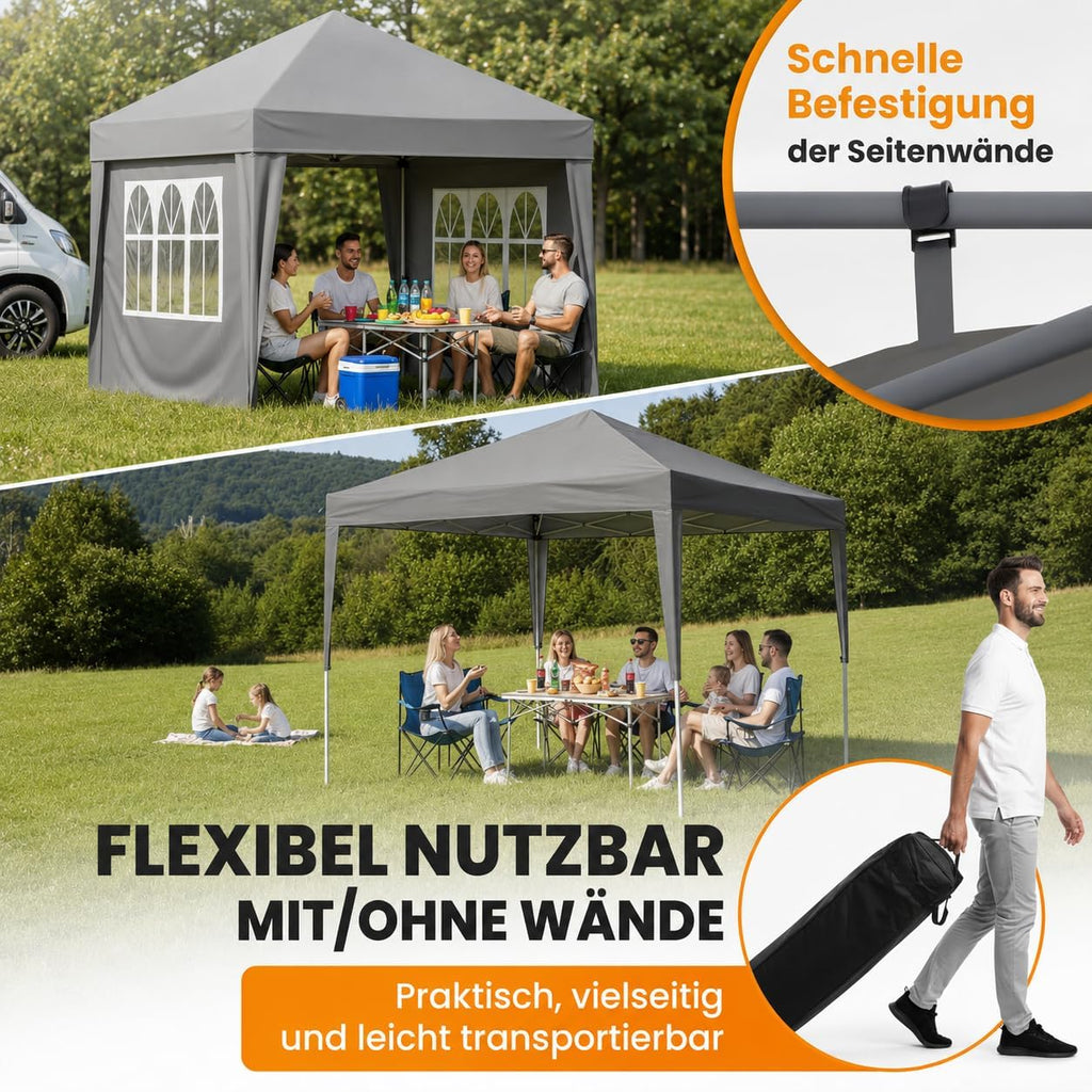 NATURIZ® Pavillon 3x3 Wasserdicht Stabil und UV 50+ Schutz - Faltpavillon mit Seitenwänden - Pop Up Zelt für Garten, Camping, Marktstand & Partyzelt, Gartenpavillon, Gartenzelt, Festzelt (Grau)