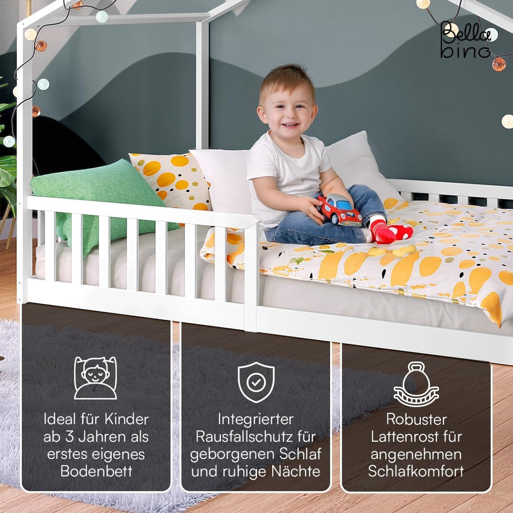 Bellabino Bia Kinderbett 120x200 cm, Bodenbett, Weiß, mit Rausfallschutz