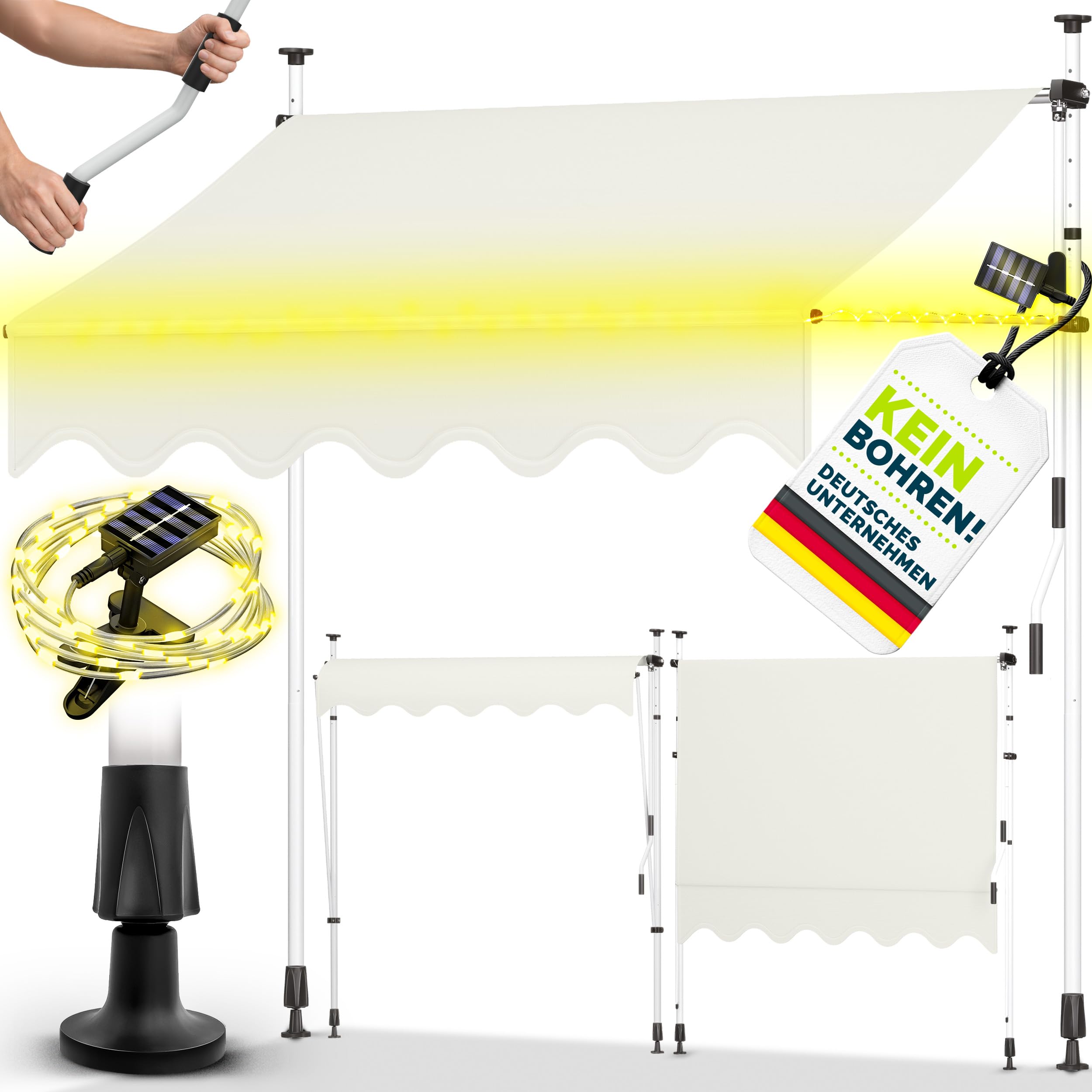 tillvex Klemmmarkise 350cm breit mit Handkurbel | Balkonmarkise ohne Bohren