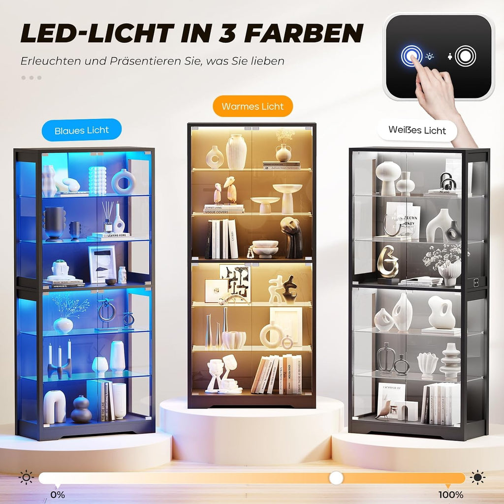 BROTTAR Vitrine mit Glastür, 6-stufige 180cm Vitrine mit 3 Farblichten für Sammlerstücke, Vitrine mit verstellbaren Glasträgern, Körperkensorsensor, Aufbewahrungsschränke, Schwarz