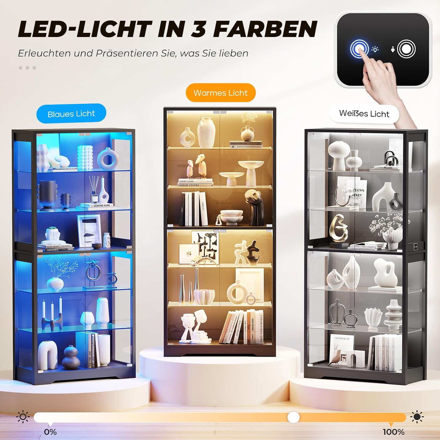 BROTTAR Vitrine mit Glastür, 6-stufige 180cm Vitrine mit 3 Farblichten für Sammlerstücke, Vitrine mit verstellbaren Glasträgern, Körperkensorsensor, Aufbewahrungsschränke, Schwarz