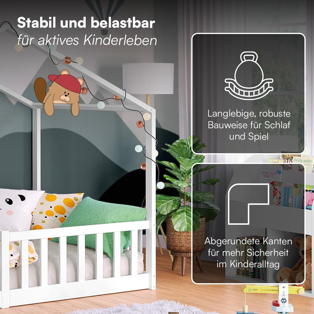 Bellabino Bia Kinderbett 120x200 cm, Bodenbett, Weiß, mit Rausfallschutz