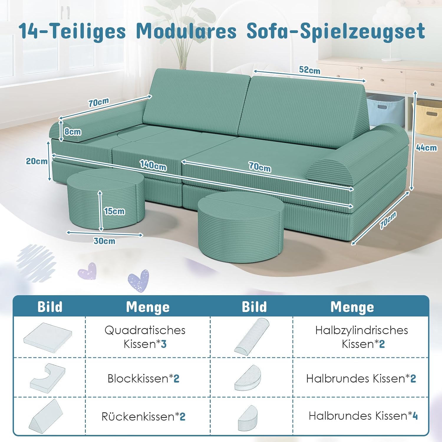 MAMIZO Spielsofa Cord, Kindersofa-Bausteine,Spielsofa für Kinder Oeko-TEX