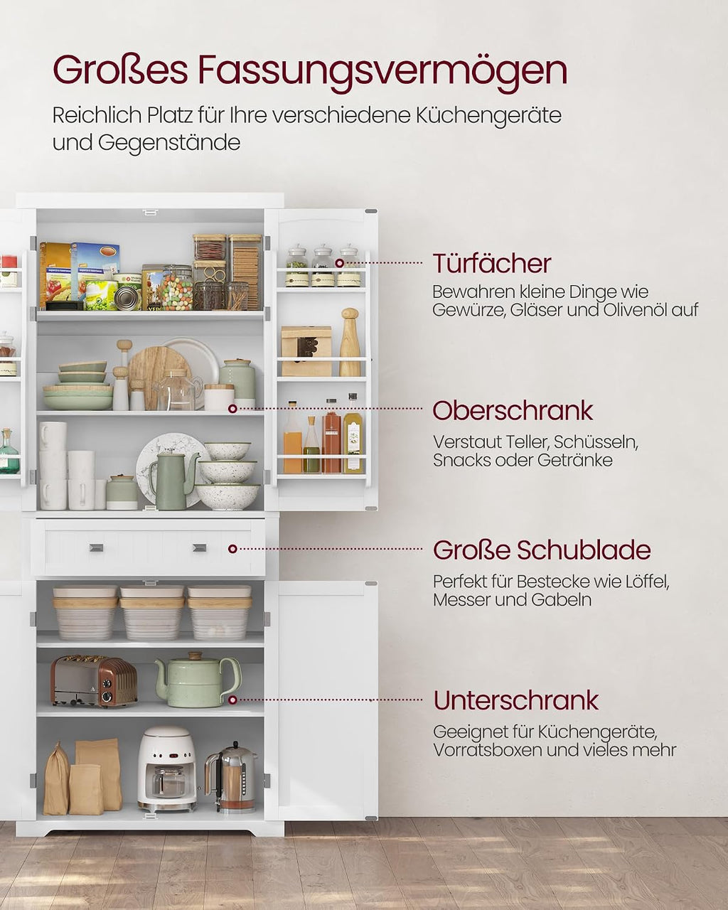 VASAGLE Küchenschrank, Mehrzweckschrank freistehend, 76 x 40 x 182 cm