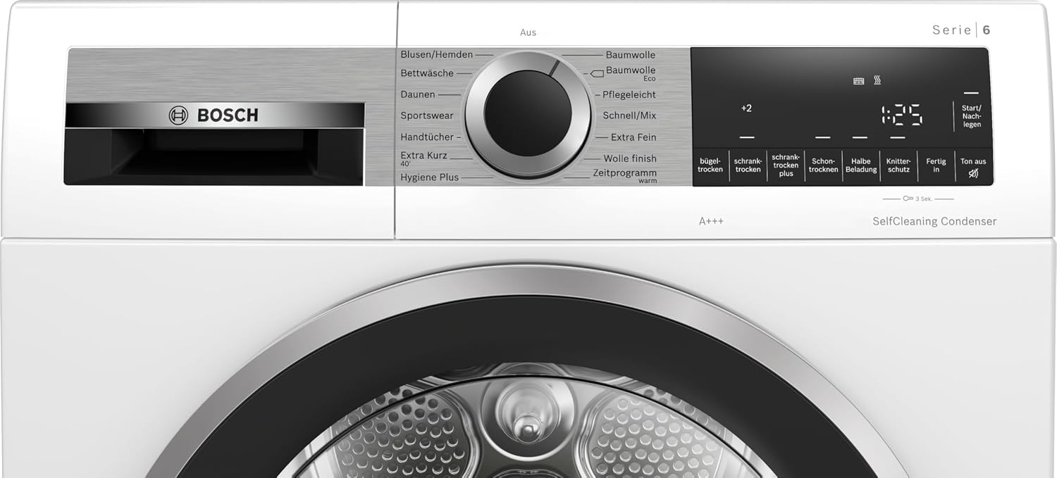 Bosch WQG235D00, Stiftung Warentest GUT (2,2)*, Serie 6, Wärmepumpentrockner 8 kg, Schneller getrocknete Wäsche, Auto Dry, Option Halbe Beladung, Sensitive Drying-System, Selbstreinigender Kondensator