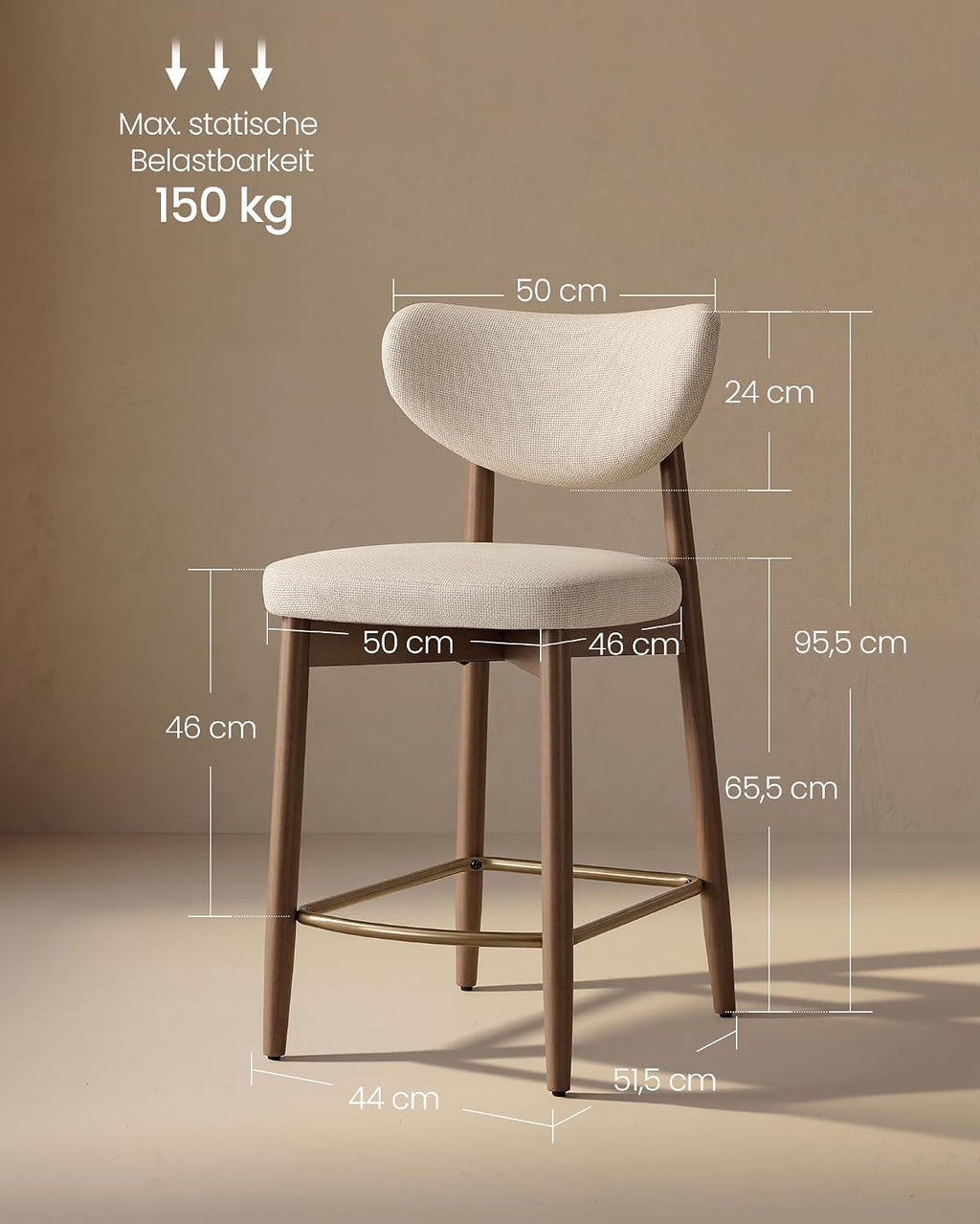 VASAGLE Barhocker 2er Set, mit Rückenlehne, Massivholzbeine, in Leinenoptik