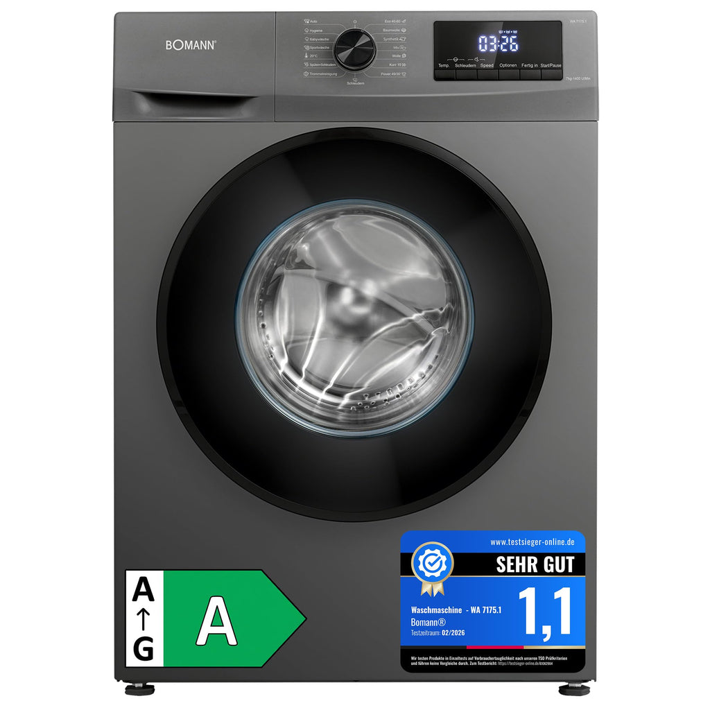 Bomann® Waschmaschine 7kg | max. 1400 U/min | 10 Jahre Motor-Garantie | effizienter, leiser & langlebiger Invertermotor | 15 Programme | Endzeitvorwahl | LED-Display | Washing Machine | WA 7175.1 weiß