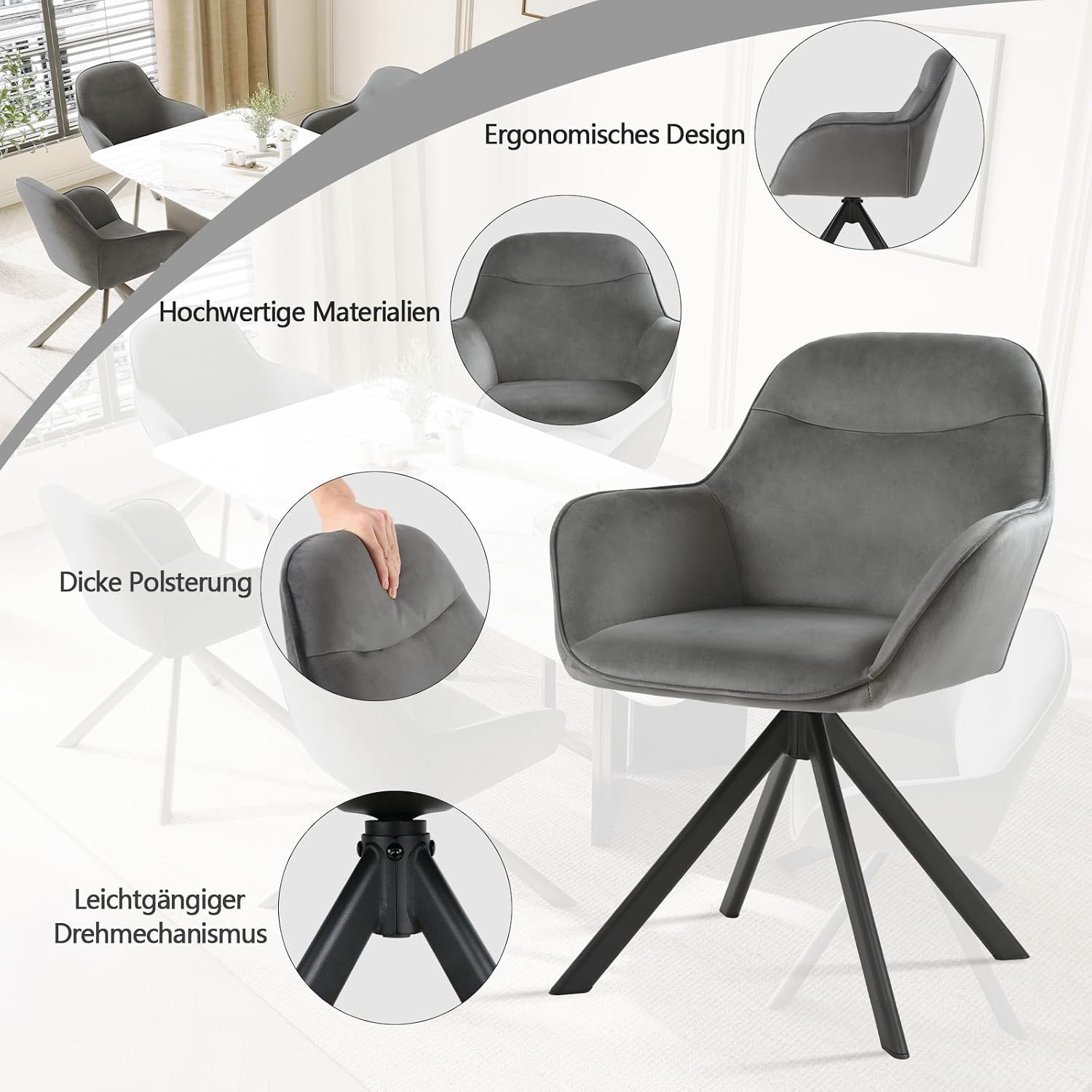 6er Set Esszimmerstühle Drehbar mit Armlehne, 360° Drehstuhl Polsterstuhl Samt Modern Küchenstuhl mit Metallbeine für Esszimmer, Wohnzimmer, Büro, Dunkelgrau