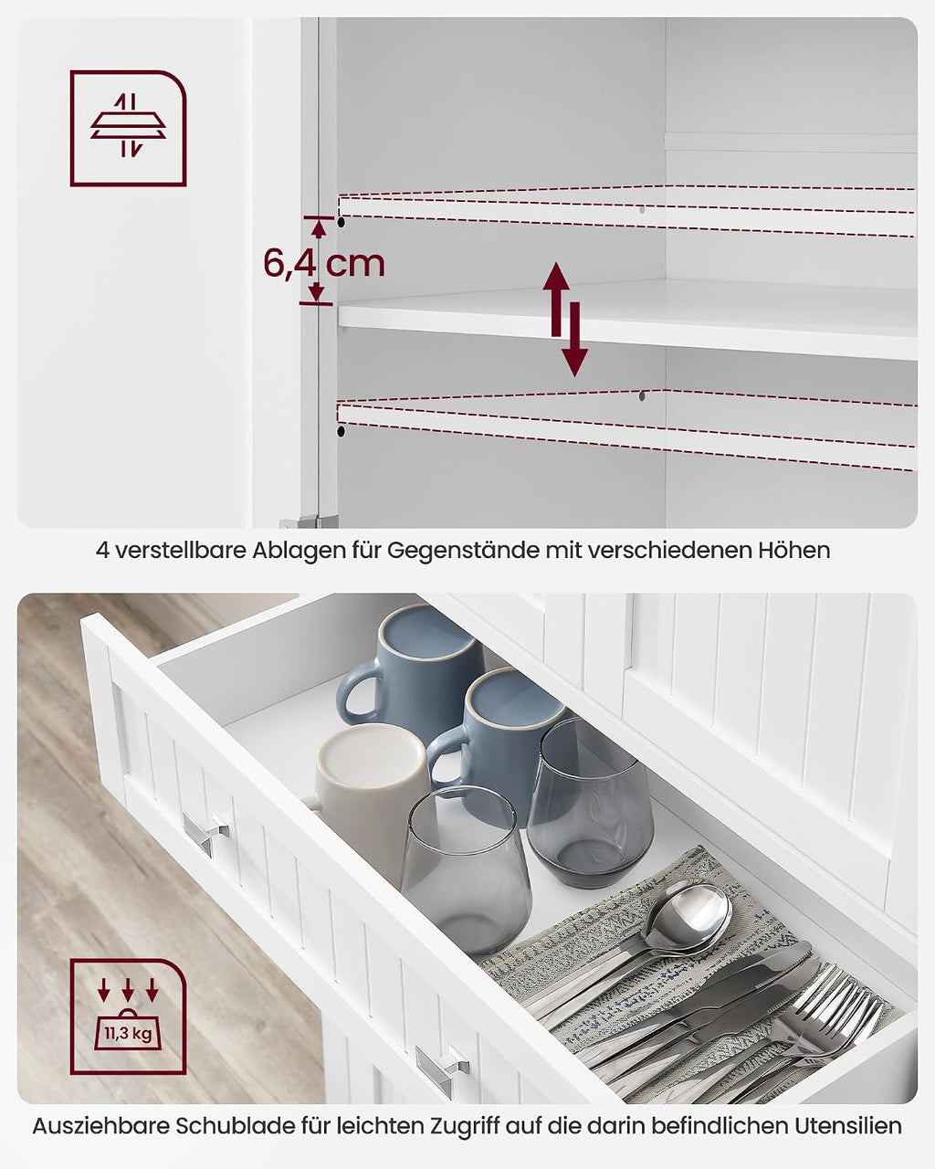 VASAGLE Küchenschrank, Mehrzweckschrank freistehend, 76 x 40 x 182 cm