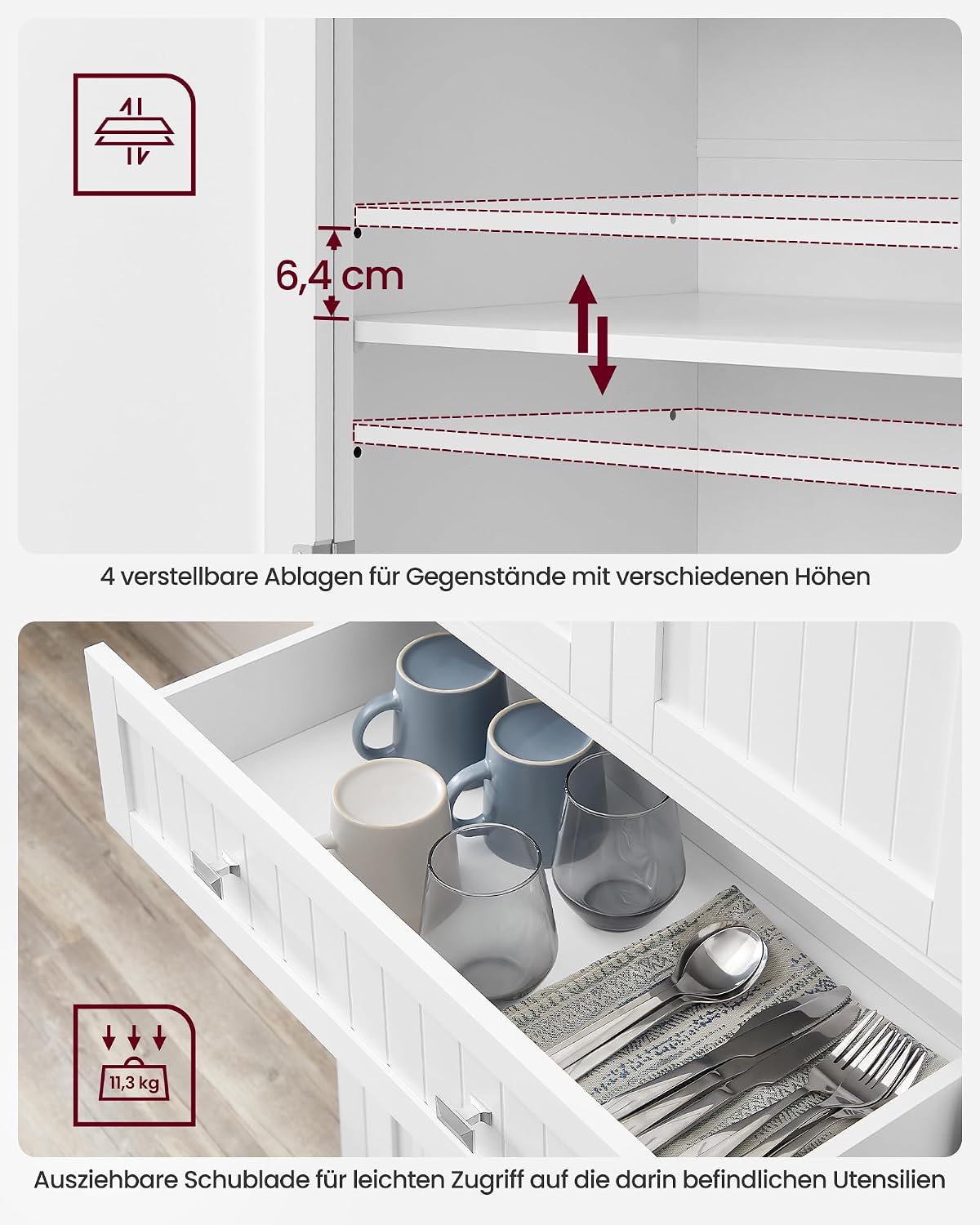 VASAGLE Küchenschrank, Mehrzweckschrank freistehend, 76 x 40 x 182 cm