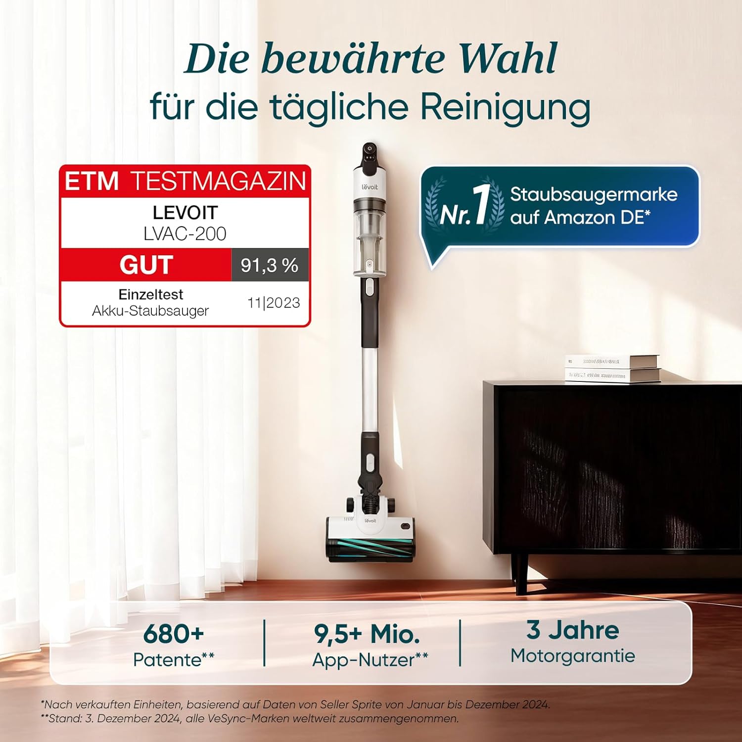Levoit Akku Staubsauger LVAC 200, bis 75 m², Anti Tangle, 99,9% Effizienz