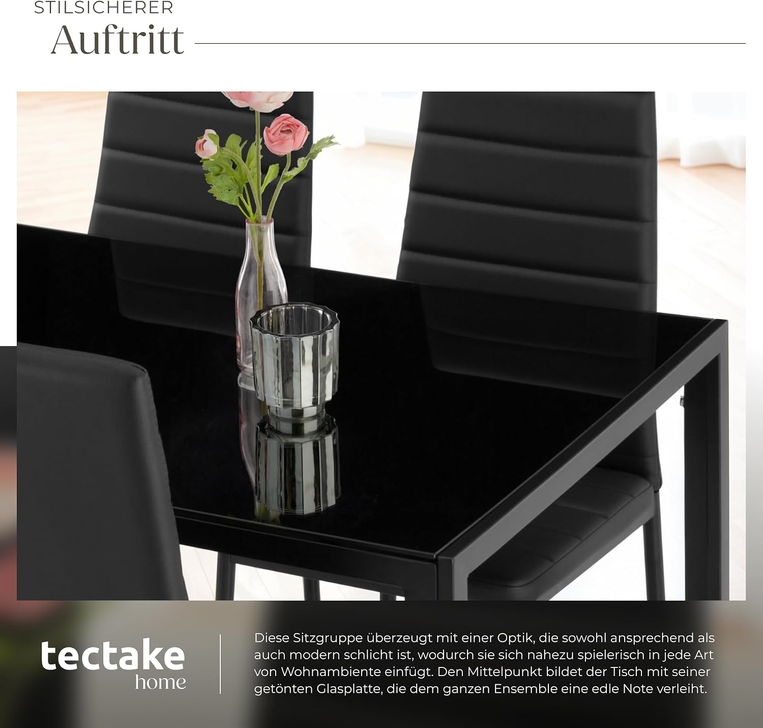 tectake Essgruppe Set Tisch und Stühle, Esstisch und 4X Stuhl, strapazierfähiges Kunstleder, Tischplatte aus Sicherheitsglas, Küchenstühle modern, Küche - schwarz