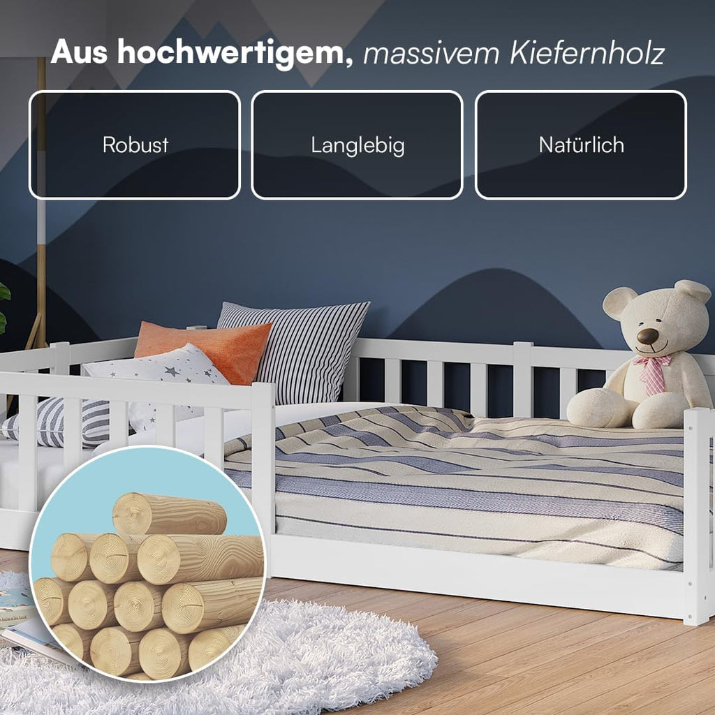 Bellabino Vere Bodenbett 120x200 cm, Massivholz Kiefer, Kleinkindbett, Weiß