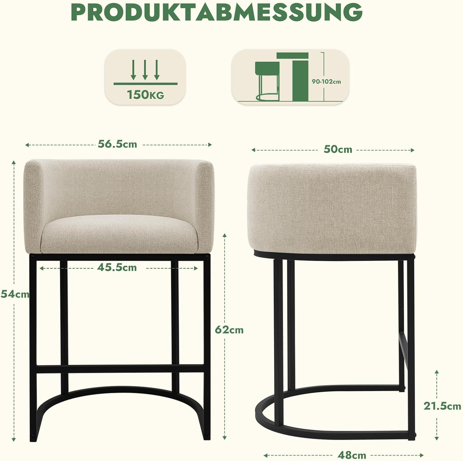 Barhocker 2er Set, 62 cm Leinen, Beige