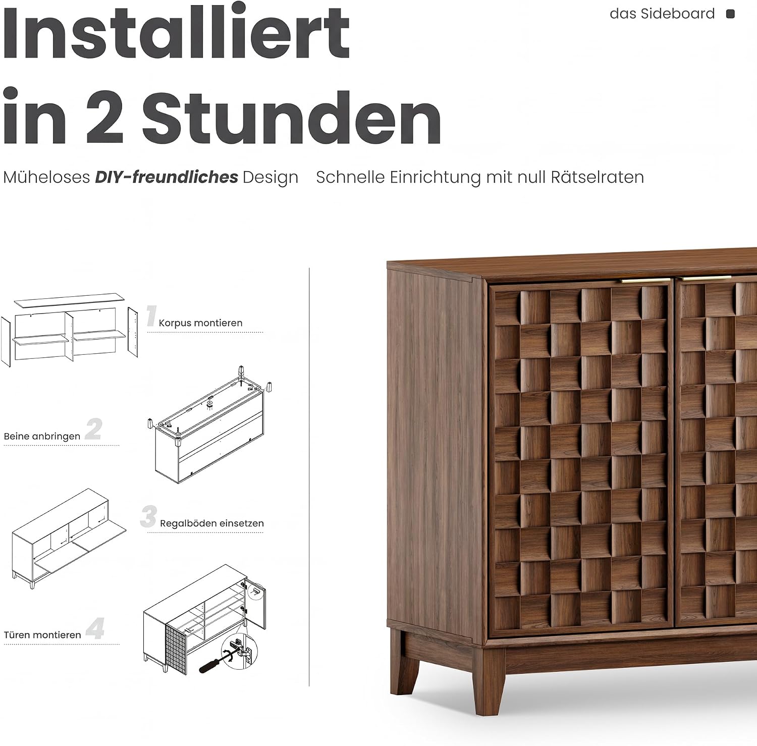 COLAMY Sideboard 150 cm Holz mit Stauraum – Modernes Sideboard für Wohnzimmer, Küchenschrank mit verstellbaren Einlegeböden, Buffet Schrank mit 3D Holzfront, Walnut