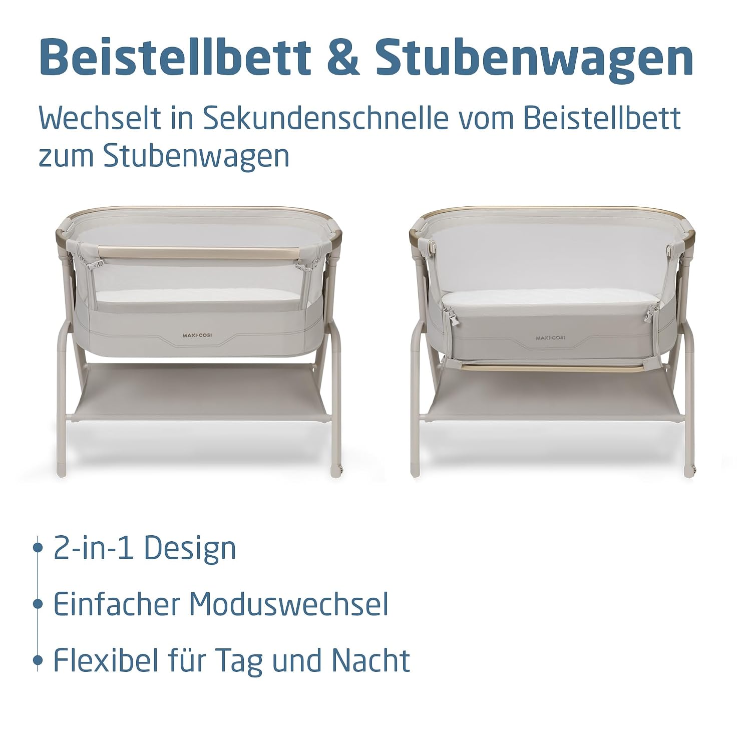 Maxi Cosi Iora² Baby Stubenbett, 0–6 kg (9 kg), Klappbares und Leichtes Beistellbett Baby, 5 cm CloudCore-Matratze, 5 Höhenstufen, 2 Leichtgängige Rollen, Easy Slide, Elegance Beige