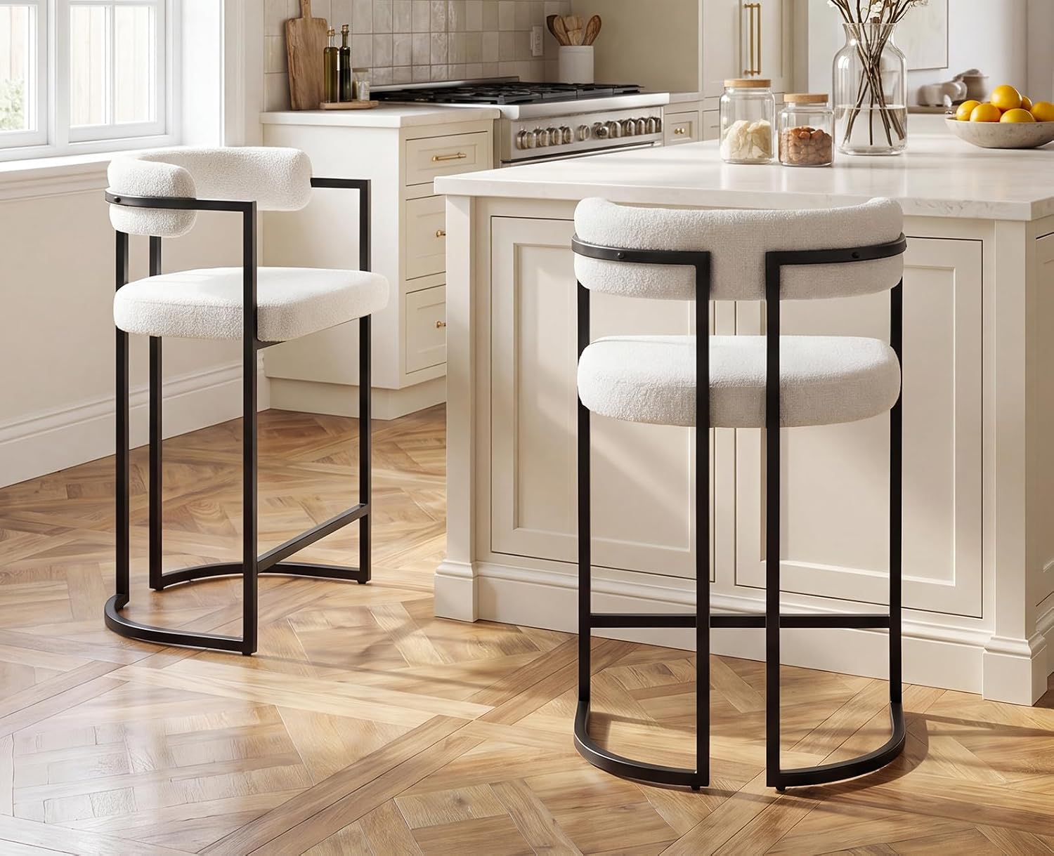 chairus Barhocker 2er Set mit Lehne Kunstfell bar Stool Tresenhocker Weiß