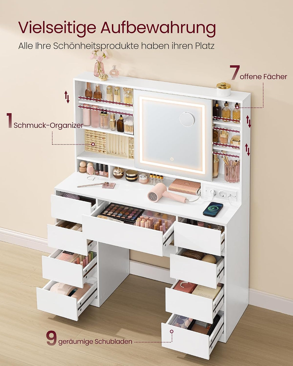 VASAGLE Schminktisch mit Beleuchtung und mit Spiege, 9 Schubladen