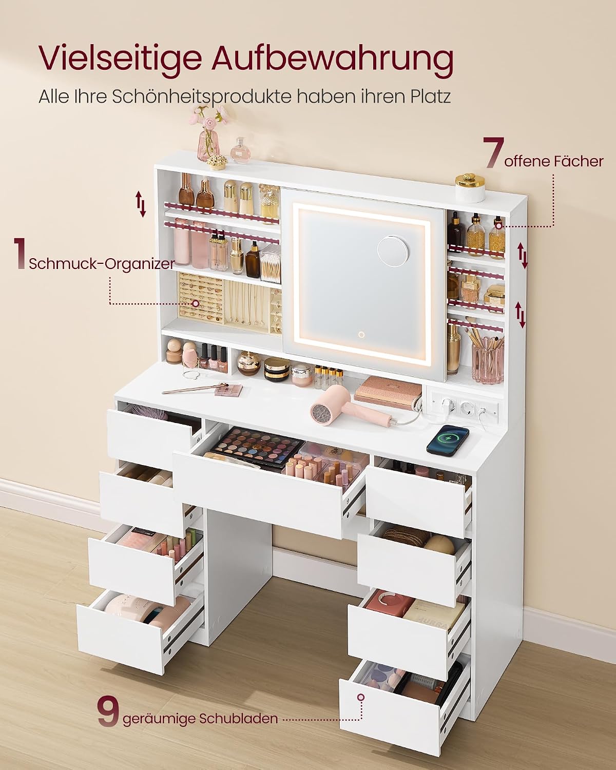 VASAGLE Schminktisch mit Beleuchtung und mit Spiege, 9 Schubladen