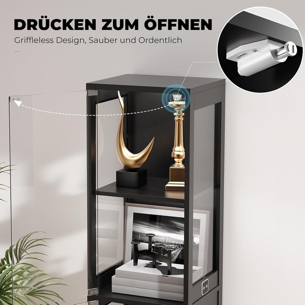 BROTTAR Glasvitrine mit Dreifarbig LED Beleuchtung und Glastüren, Glasvitrine Stehend mit Körpersensor-System, Sammlervitrine für Wohnzimmer, Büro, Bücher, Spielzimmer, Schwarz (40 x 35 x 160cm)