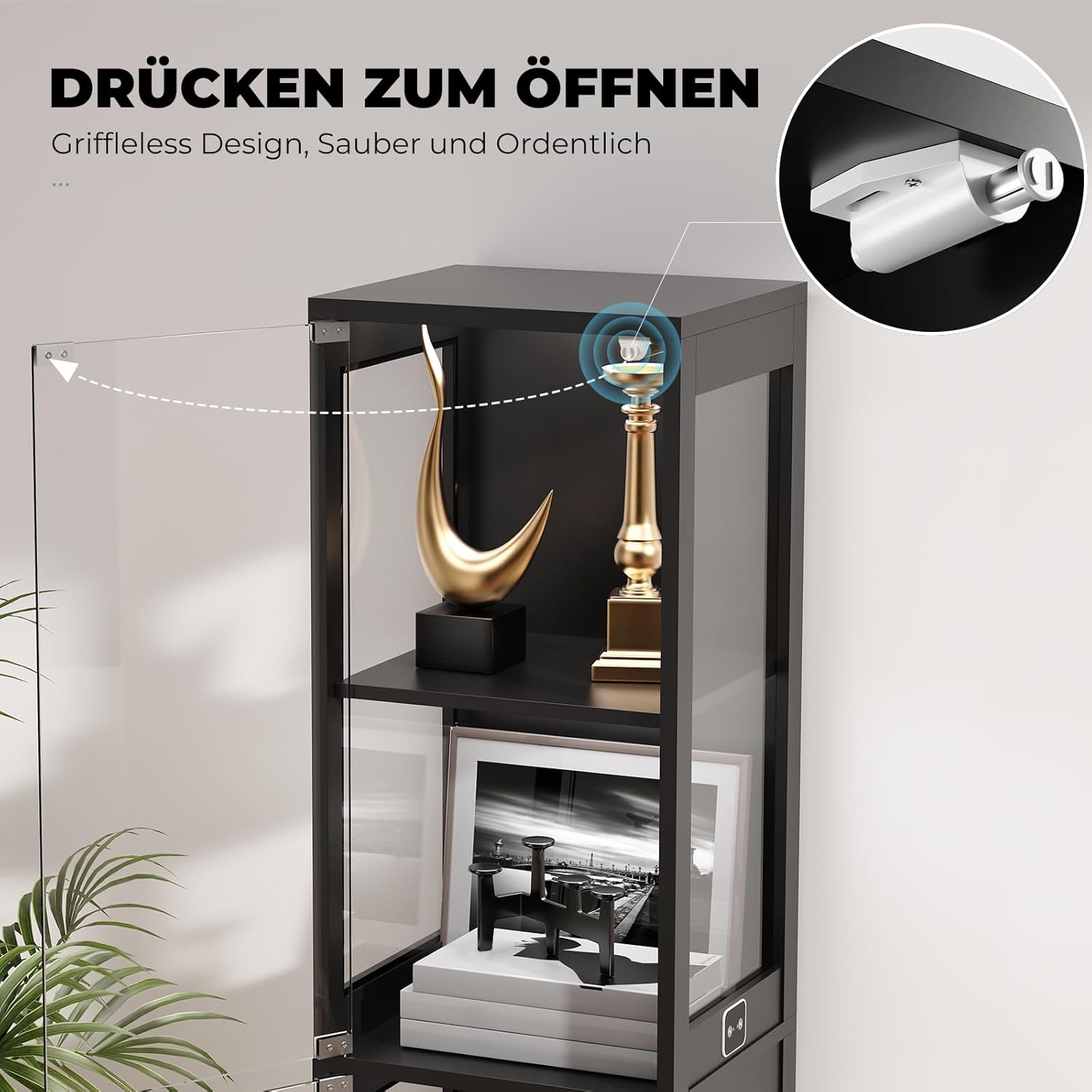 BROTTAR Glasvitrine mit Dreifarbig LED Beleuchtung und Glastüren, Glasvitrine Stehend mit Körpersensor-System, Sammlervitrine für Wohnzimmer, Büro, Bücher, Spielzimmer, Schwarz (40 x 35 x 160cm)